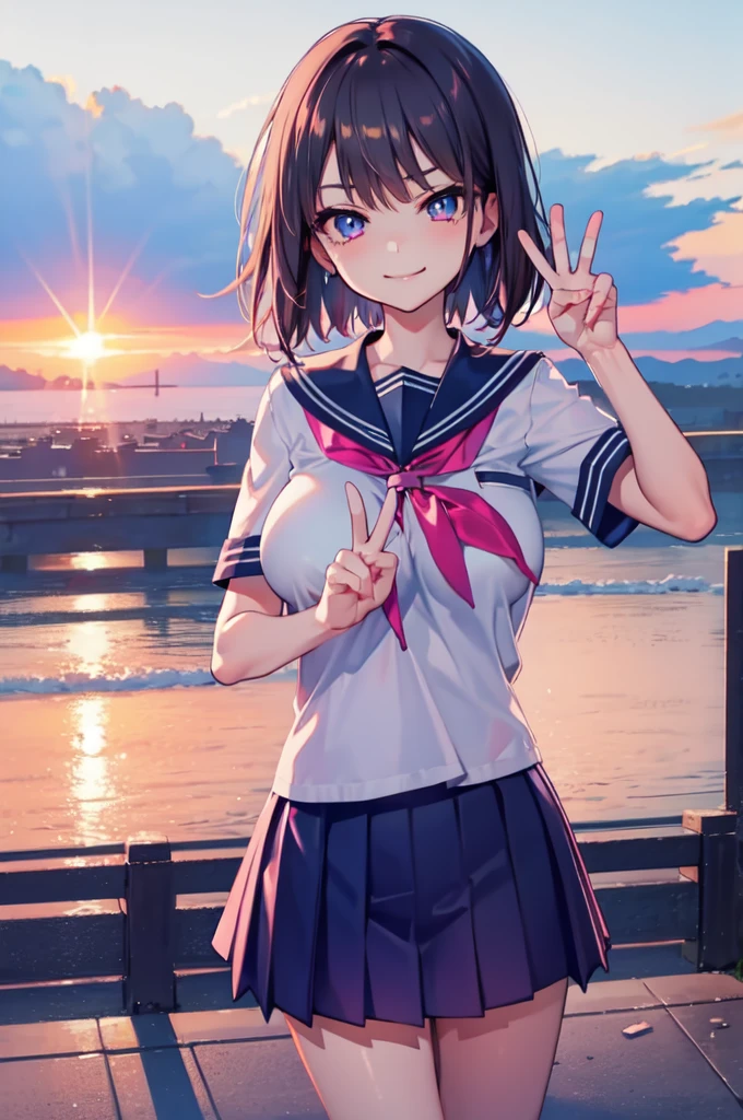 (hentai:1.1), (Ideal:1.1), (perfect:1.1), (flawless:1.1), (highest quality:1.2), (best quality:1.2), (sunset:1.1), 1girl, (kawaii:1.1), (school uniform:1.1), peace sign, cute girl, (little girl:1.1), (child:1.05), (loli:1.1), (naughty smirk:1.2), lewd pose, detailed body, huge breasts, short hair, highly detailed eyes, highest quality eyes, detailed hands, 4K, highest quality resolution, best quality resolution, best quality upscale,