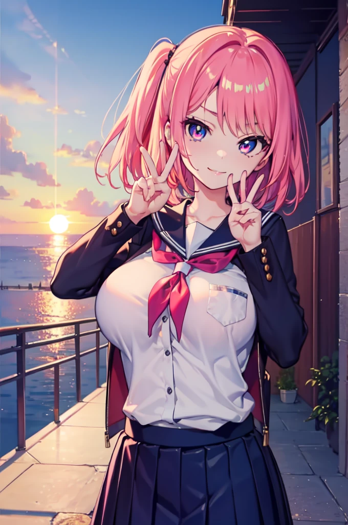 (hentai:1.1), (Ideal:1.1), (perfect:1.1), (flawless:1.1), (highest quality:1.2), (best quality:1.2), (sunset:1.1), 1girl, (kawaii:1.1), (school uniform:1.1), peace sign, cute girl, (little girl:1.1), (child:1.05), (loli:1.1), (naughty smirk:1.2), lewd pose, detailed body, huge breasts, short hair, highly detailed eyes, highest quality eyes, detailed hands, 4K, highest quality resolution, best quality resolution, best quality upscale,