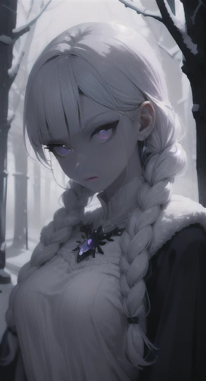 Frozen, misty Forest, ancient being, winter, snow, winter witch pale skin, purple eyes, eyes in the fog, regal appearance, cabin,