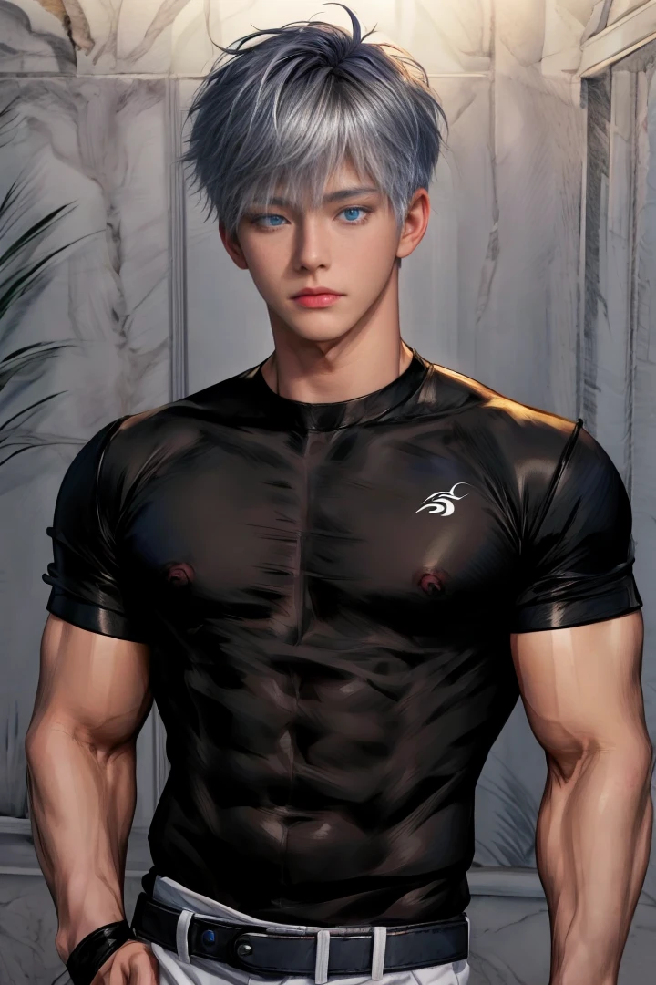 1boy, adult, handsome, perfect face, detailed eyes and face, clean shaved, sixpack realistic, white eyebrow hair, white eyelashes, dynamic lighting, unreal engine 5, hd picture, satoru gojo, white hair, short hair ,hair between eyes ,blue eyes, white skin, Cat ears, cat tail, 