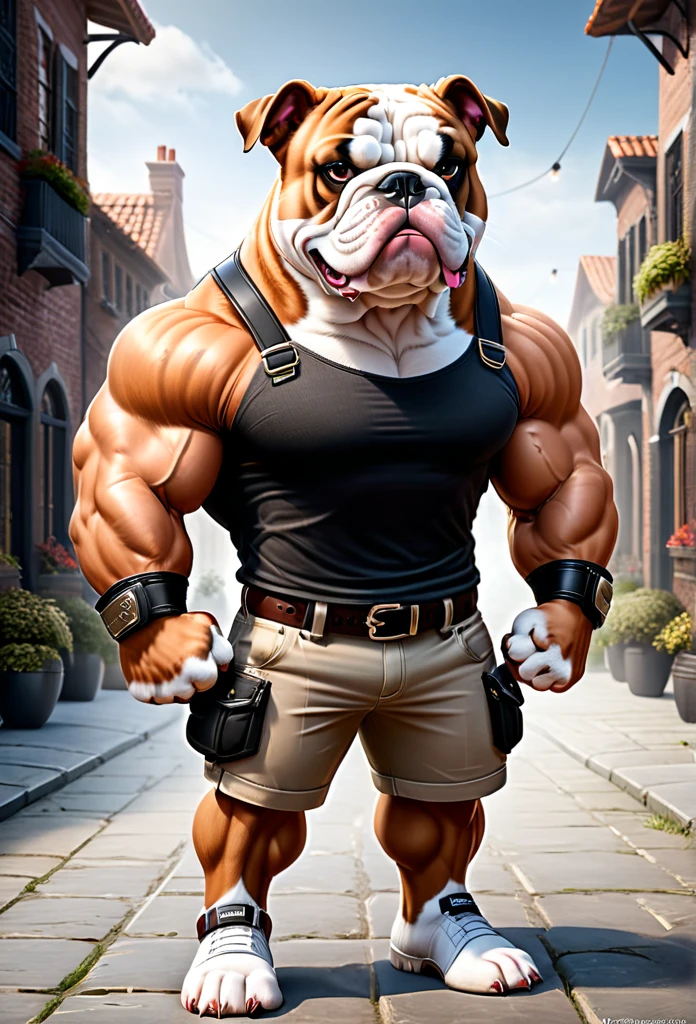 a muscular bulldog anthropomorphic character,a confident muscular male bulldog,a bulldog with a determined expression,a bulldog with crossed arms,a bulldog wearing a black t-shirt and tan pants,a bulldog with tool belt and suspenders,detailed realistic anthropomorphic bulldog,highly detailed muscular anthropomorphic bulldog,photorealistic muscular bulldog character,realistic muscular anthropomorphic bulldog portrait,brown bulldog with dark brown muzzle and inner ears,bulldog with black nose and fang teeth,bulldog with expressive determined eyes,bulldog with confident smirk expression,ultra-detailed muscular anthropomorphic bulldog character,(best quality,8k,highres,masterpiece:1.2),ultra-detailed,(realistic,photorealistic,photo-realistic:1.37),HDR,physically-based rendering,concept art,digital art