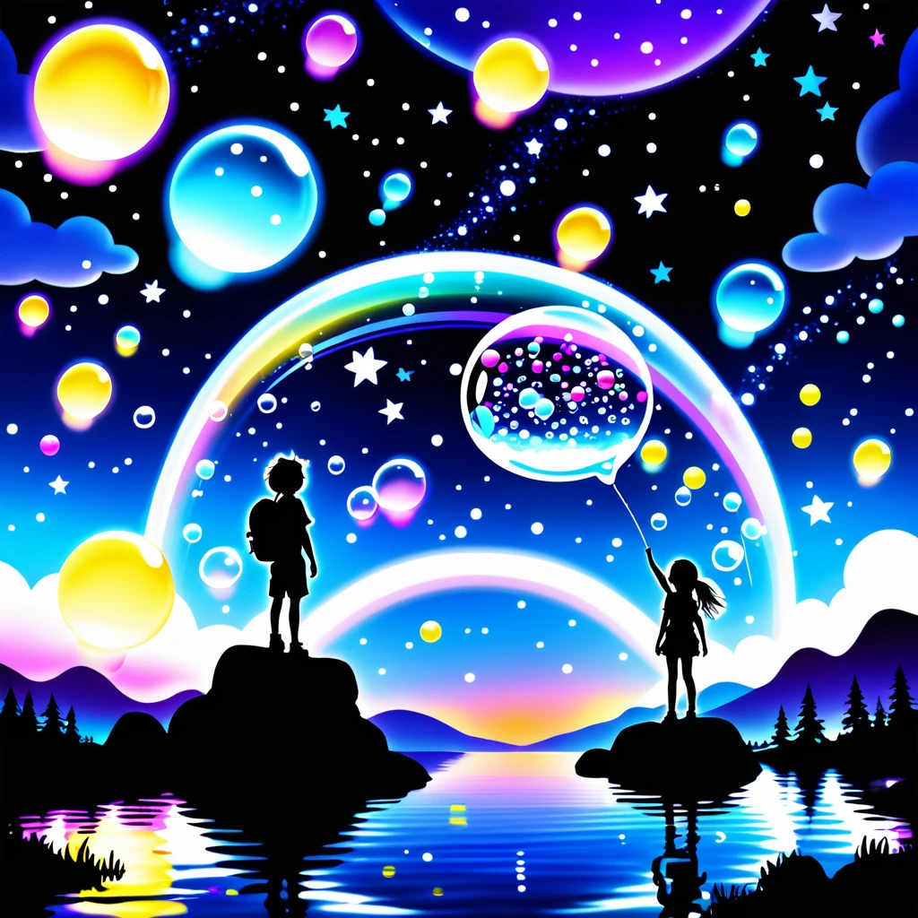 A night sky filled with twinkling stars and floating adventure-themed dream bubbles, inviting viewers to imagine their own quests.