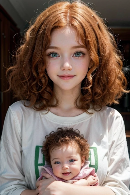 Smiling redhead girl, green eyes, very cute, , curly hair, Afro