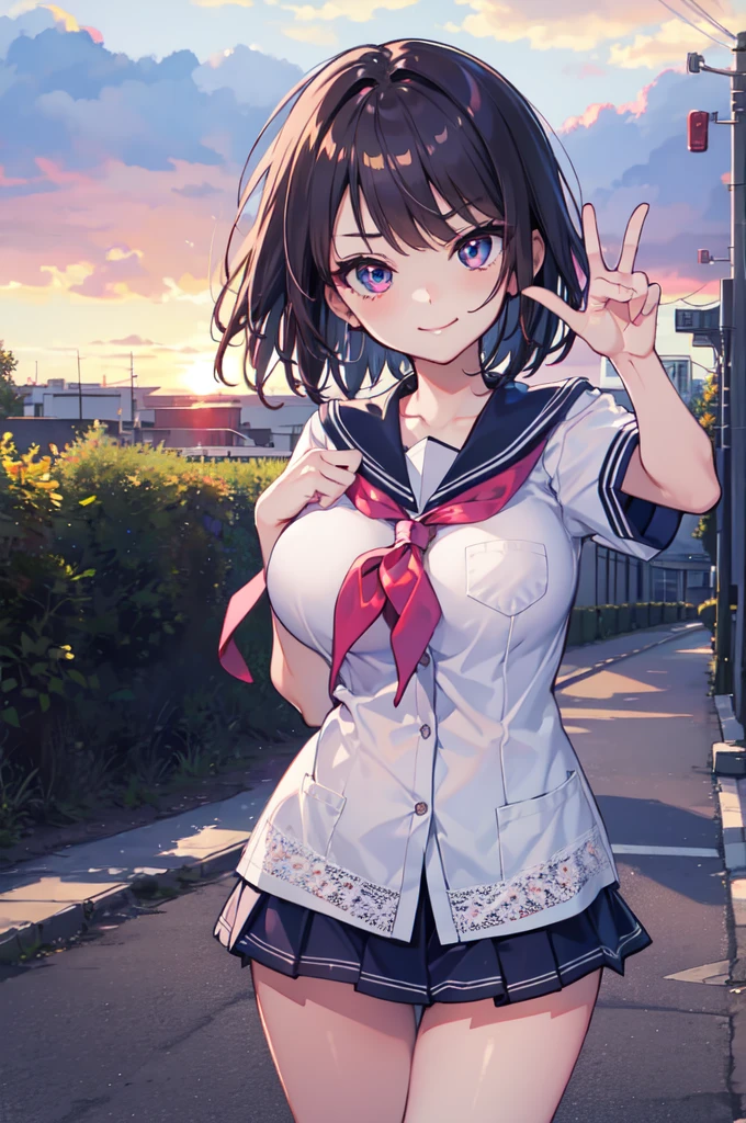 (hentai:1.1), (Ideal:1.1), (perfect:1.1), (flawless:1.1), (highest quality:1.2), (best quality:1.2), (sunset:1.1), 1girl, (kawaii:1.1), (school uniform:1.1), peace sign, cute girl, (little girl:1.1), (child:1.05), (loli:1.1), (naughty smirk:1.2), lewd pose, detailed body, huge breasts, short hair, highly detailed eyes, highest quality eyes, detailed hands, 4K, highest quality resolution, best quality resolution, best quality upscale,