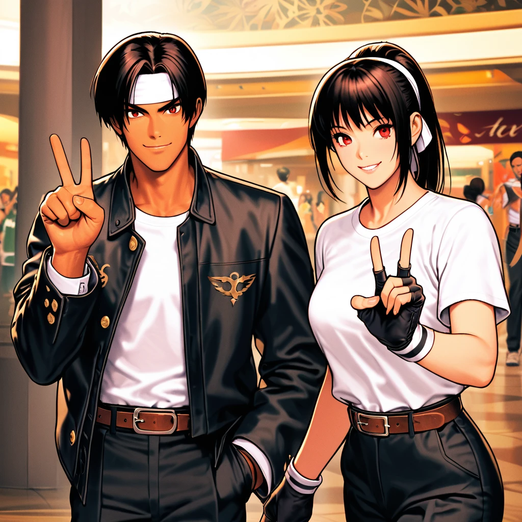 Orochikyo, Dark Skin, Two people, ツーshot, Red eyes, Black jacket, Fingerless gloves, Black Hair, White T-shirt, ((White headband)), Black trousers, White shoes, Brown belt, good looking, shot, Charming, masterpiece, High resolution, Detailed face, Fine Grain, morning, A confident smile, A man and woman laughing as they walk through the Micronesia Mall in Guam, Men and women with the same hairstyle and clothes, Making a peace sign。