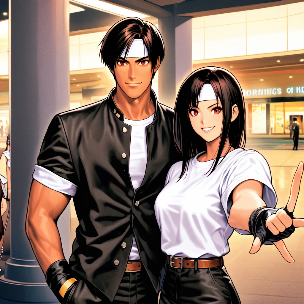 Orochikyo, Dark Skin, Two people, ツーshot, Red eyes, Black jacket, Fingerless gloves, Black Hair, White T-shirt, ((White headband)), Black trousers, White shoes, Brown belt, good looking, shot, Charming, masterpiece, High resolution, Detailed face, Fine Grain, morning, A confident smile, A man and woman laughing as they walk through the Micronesia Mall in Guam, Men and women with the same hairstyle and clothes, Making a peace sign。