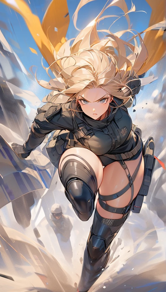 attractive tactical girl wearing skimpy tactical gear. She should have a confident and fierce expression, with her outfit highlighting her agility and strength. The background should depict an urban or battlefield setting, adding a sense of intensity and action. Emphasize her readiness and combat skills while maintaining an alluring appearance. Tactical, Female Warrior, Urban Combat, Action, Skimpy Outfits, Intensity, Battlefield.