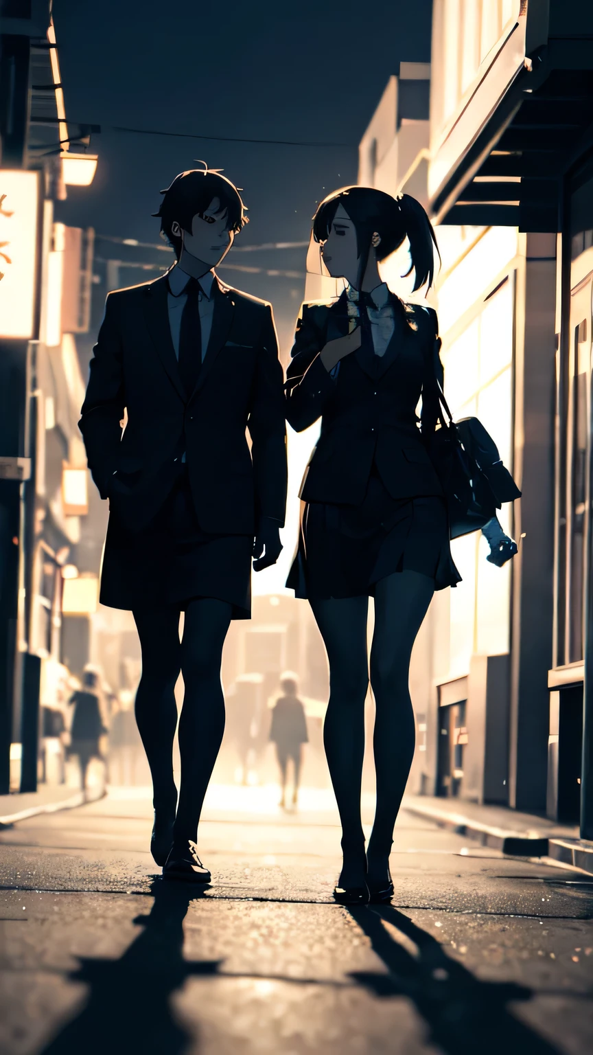 Side Lighting,One beautiful girl,Straight Hair,Between the buildings at night、A beautiful girl is walking briskly。She was in uniform, wearing a brown blazer.、Her hair sways in the wind、The skirt sways lightly。With the hustle and bustle of the city behind、She hurries home。The light coming through the windows of the building beautifully accentuates her silhouette.、Her footsteps echo quietly。Her life in the city、It's as beautiful as a painting。