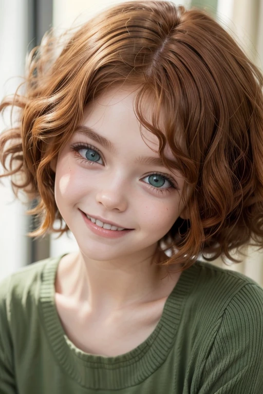 Smiling redhead girl,(cara de bebe), green eyes, very cute, curly hair, Afro