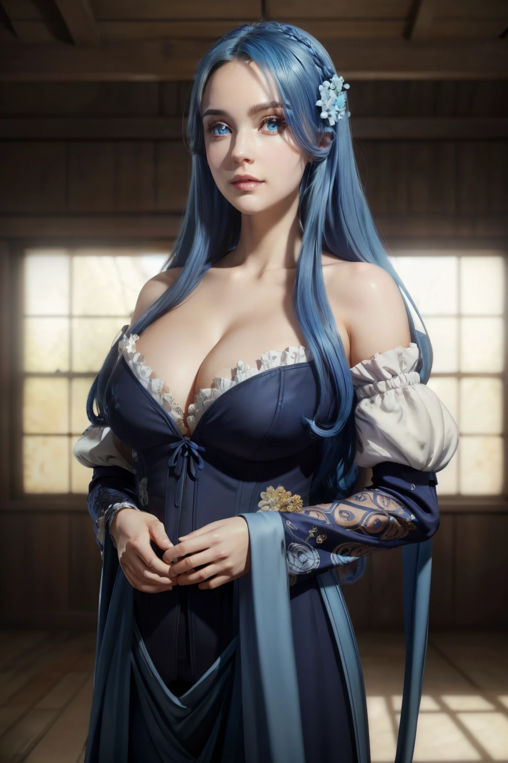 ((masterpiece)), ((best quality)), ((extremely detailed)), ((extremely intricate)), (perfect anatomy), (perfect composition), high-res, absurdres, realistic:3, prefect lighting, extremely beautiful, incredibly detailed hairline, uncreditable quality, 1girl, juna doma, looking at viewer, matured, blue hair, long hair, blue eyes, hair flower, eyebrows visible through hair, detached sleeves, cleavage, detailed eyes description, octane rendering, huge file size, colorful contrast. 