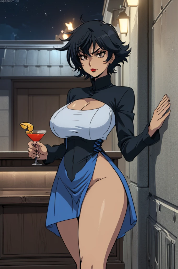 closed mouth, (22 years old), ((1girl)), ((((solo))), (((alone))), (((genderbend))), (((female))), wide hips, thick thighs, huge breast, narrow waist, ((blue top)), ((skin tight blue cocktail dress)), cocktail, party, ((anime artstyle)), long eyelashes, ((long black hair)), (((at night))), (red lipstick), (black eyeshadow), (in the dark)