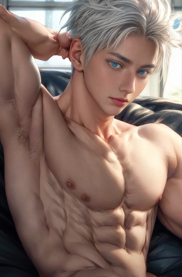 1boy, adult, handsome, perfect face, detailed eyes and face, clean shaved, sixpack realistic, white eyebrow hair, white eyelashes, dynamic lighting, unreal engine 5, hd picture, satoru gojo, white hair, short hair ,hair between eyes ,blue eyes, white skin,