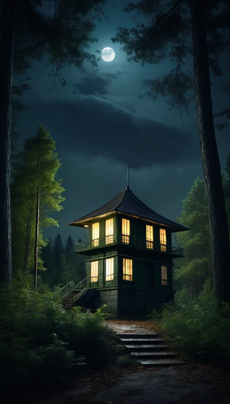 A scary horror image of a guardhouse at the top of the army with a soldier in it at night in the middle of the forest ,PICTURE REALISTIC, High resolution 8K