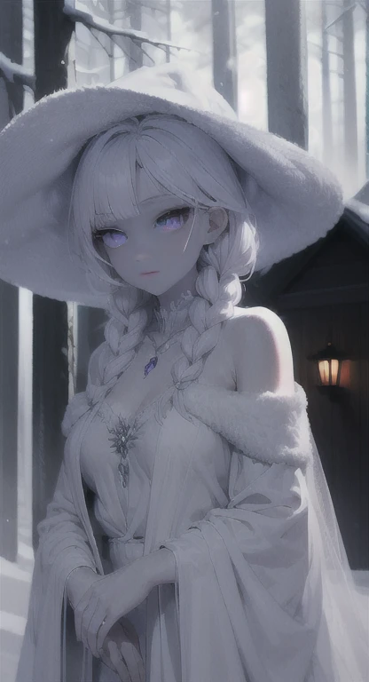 Frozen, misty Forest, ancient being, winter, snow, winter witch pale skin, purple eyes, eyes in the fog, regal appearance, cabin,
