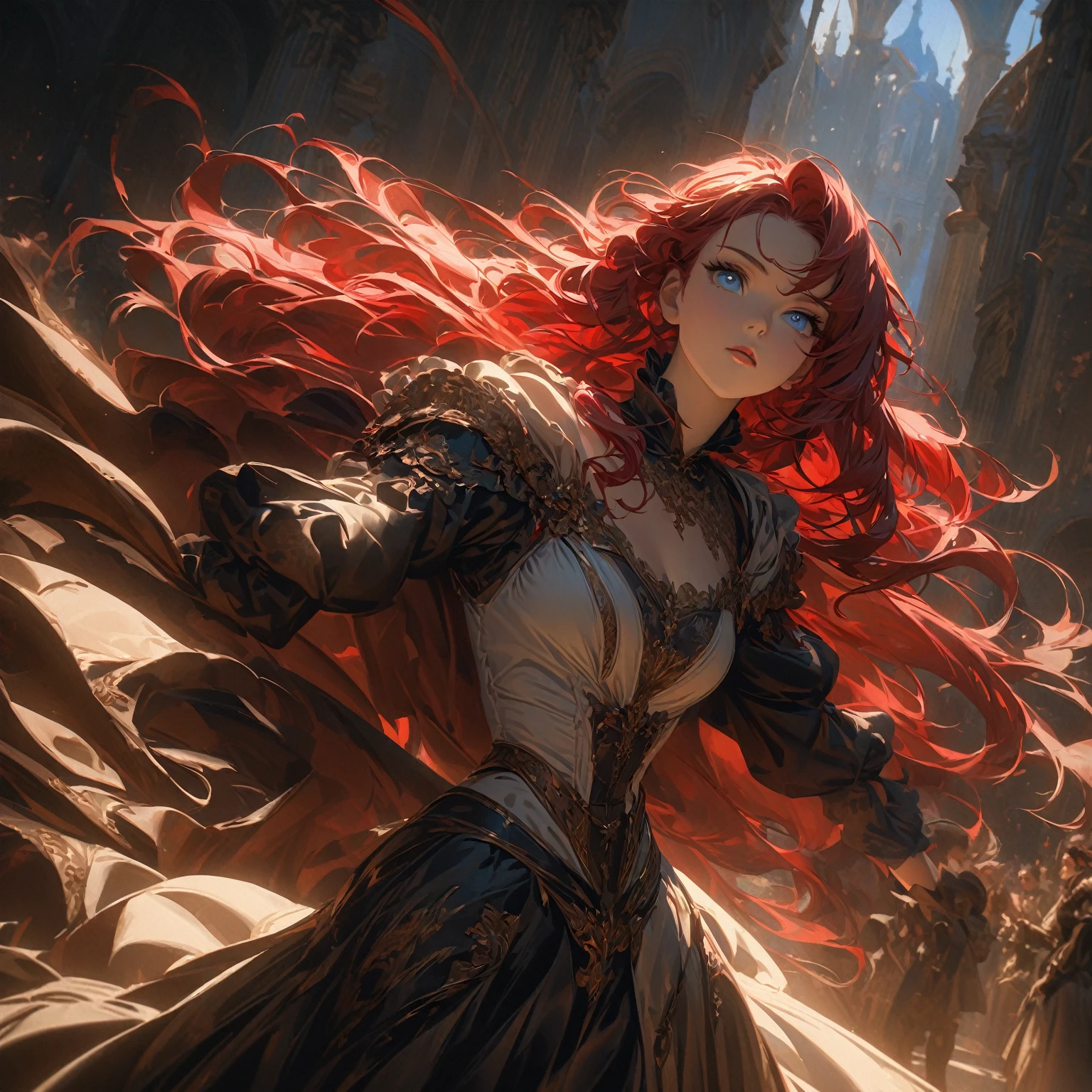 a girl with scarlet hair, azure eyes, posing heroically, 8k, ultra-detailed, masterpiece, oil painting, dramatic lighting, cinematic, atmospheric, french renaissance, chiaroscuro, rich colors, dramatic shadows