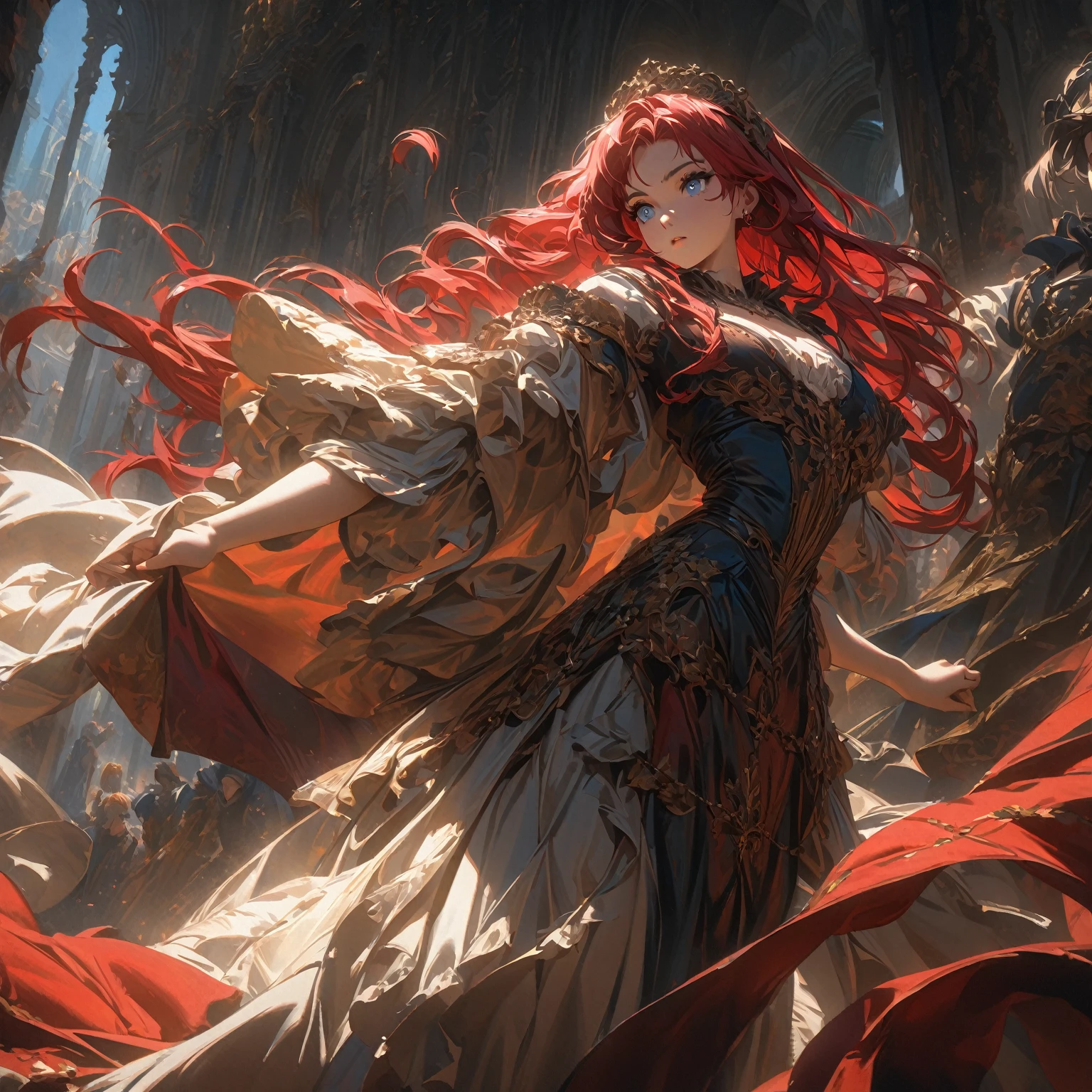 a girl with scarlet hair, azure eyes, posing heroically, 8k, ultra-detailed, masterpiece, oil painting, dramatic lighting, cinematic, atmospheric, french renaissance, chiaroscuro, rich colors, dramatic shadows