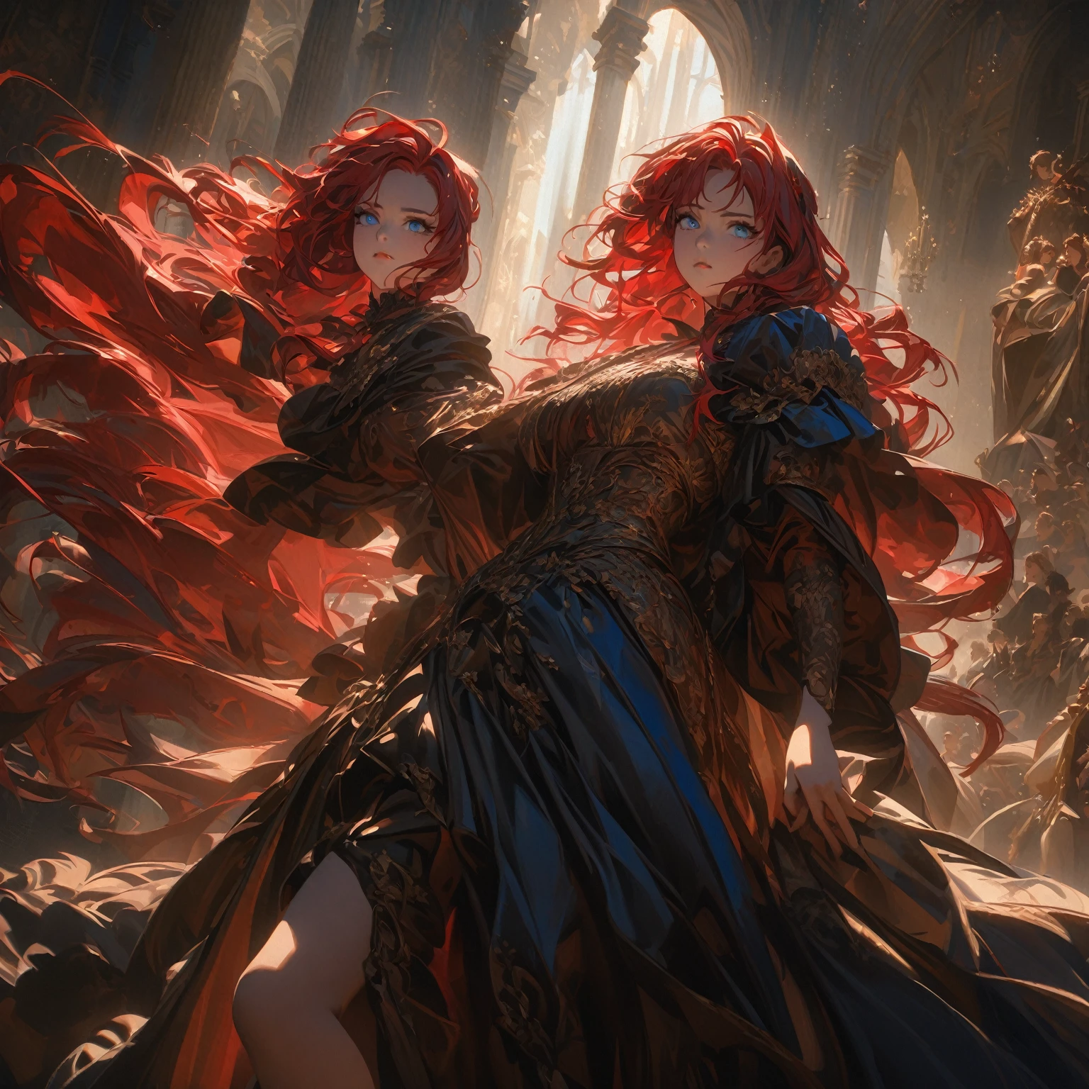 a girl with scarlet hair, azure eyes, posing heroically, 8k, ultra-detailed, masterpiece, oil painting, dramatic lighting, cinematic, atmospheric, french renaissance, chiaroscuro, rich colors, dramatic shadows