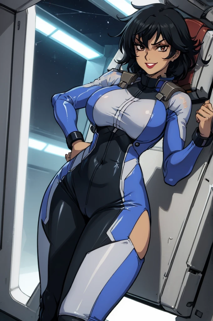 closed mouth, (), ((1girl)), ((((solo))), (((alone))), (((genderbend))), (((female))), wide hips, thick thighs, huge breast, narrow waist, ((porn movie)), ((sexy skin tight latex blue celestial being pilot suit)), ((anime artstyle)), long eyelashes, ((((long black hair)))), ((prostitute)), (((at night))), (red lipstick), (black eyeshadow), (in the dark), smiling, (((ripped clothes))).