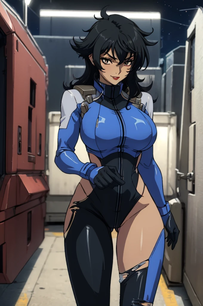 closed mouth, (16 years old), ((1girl)), ((((solo))), (((alone))), (((genderbend))), (((female))), wide hips, thick thighs, huge breast, narrow waist, ((porn movie)), ((sexy skin tight latex blue celestial being pilot suit)), ((anime artstyle)), long eyelashes, ((((long black hair)))), ((prostitute)), (((at night))), (red lipstick), (black eyeshadow), (in the dark), smiling, (((ripped clothes))).