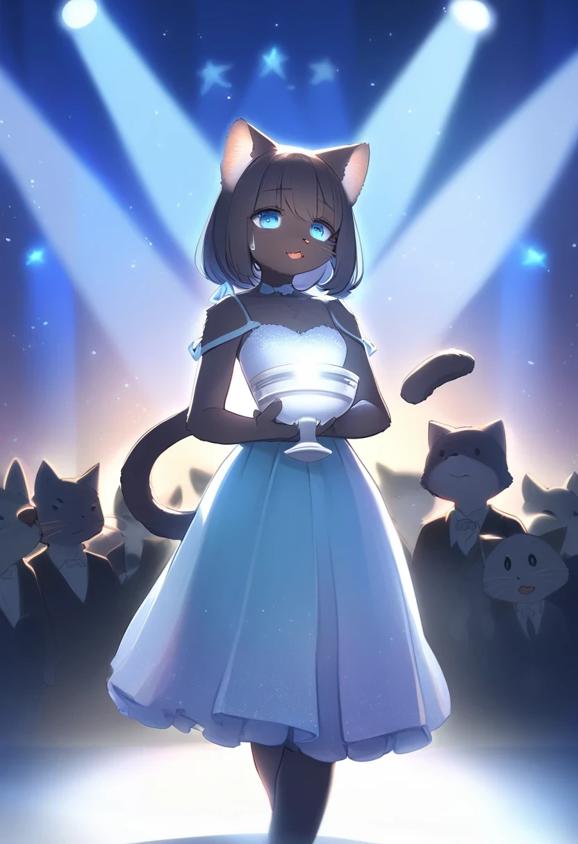 ((Masterpiece)), ((Best Quality)), (Very Detailed), ((Very Detailed)), 4K, (8K), very aesthetic, absurdres highres, 1 girl, (anthropomorphic Black cat, furry, kemono:1.5), On a stage illuminated by a spotlight, a beautiful woman wearing a gorgeous dress is holding a trophy while giving a speech of gratitude while shedding emotional tears. There are soft blue lights in the background and the audience stands up and applauds. The microphone is held in her hand, and you can feel the tension. The glow of the trophy illuminates the entire stage.