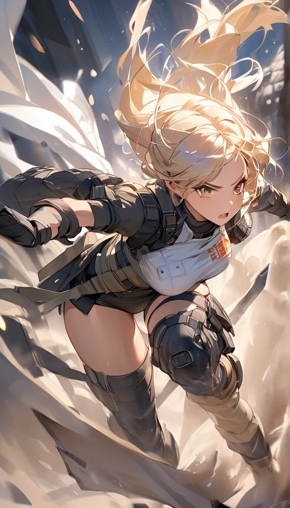attractive tactical girl wearing skimpy tactical gear. She should have a confident and fierce expression, with her outfit highlighting her agility and strength. The background should depict an urban or battlefield setting, adding a sense of intensity and action. Emphasize her readiness and combat skills while maintaining an alluring appearance. Tactical, Female Warrior, Urban Combat, Action, Skimpy Outfits, Intensity, Battlefield.