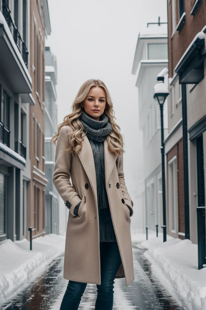 professional portrait photograph of a gorgeous Norwegian girl in winter clothing with long wavy blonde hair, sultry flirty look, gorgeous symmetrical face, cute natural makeup, wearing elegant warm winter fashion clothing, ((standing outside in snowy city street)), stunning modern urban environment, ultra realistic, concept art, elegant, highly detailed, intricate, sharp focus, depth of field, f/1. 8, 85mm, medium shot, mid shot, (((professionally color graded))), bright soft diffused light, (volumetric fog), trending on instagram, hdr 4k, 8k