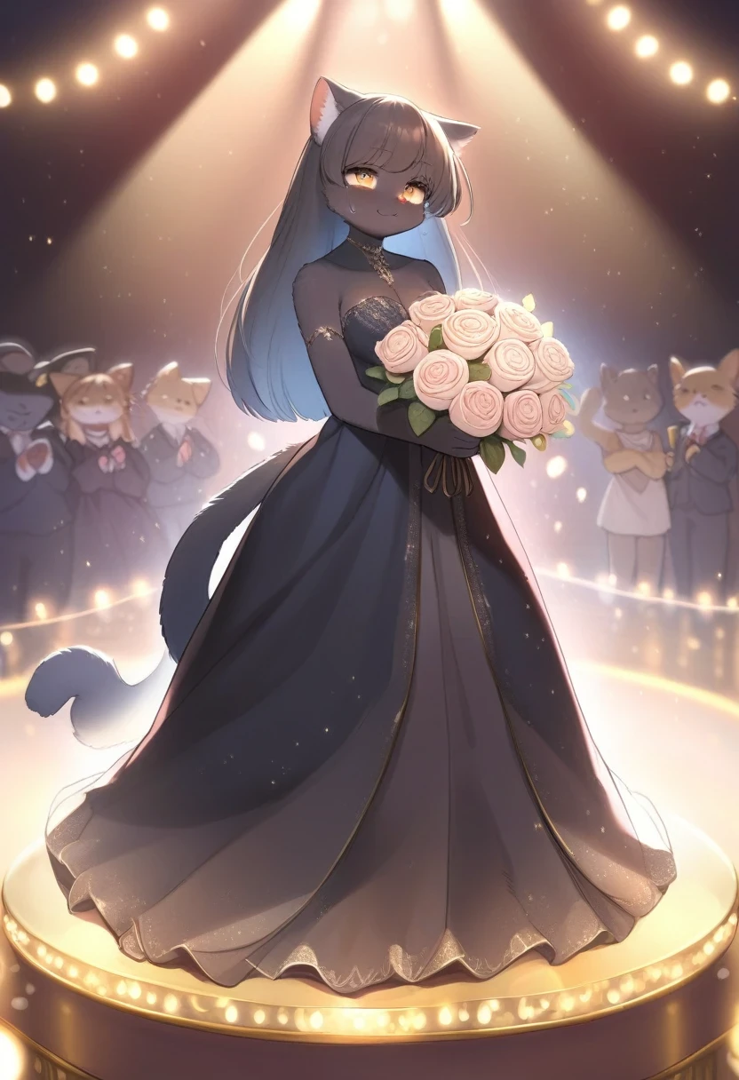 ((Masterpiece)), ((Best Quality)), (Very Detailed), ((Very Detailed)), 4K, (8K), very aesthetic, absurdres highres, 1 girl, (anthropomorphic Black cat, furry, kemono:1.5), On a stage illuminated by a spotlight, a beautiful woman wearing a gorgeous dress is holding a trophy while giving a speech of gratitude while shedding emotional tears. There are soft blue lights in the background and the audience stands up and applauds. The microphone is held in her hand, and you can feel the tension. The glow of the trophy illuminates the entire stage.