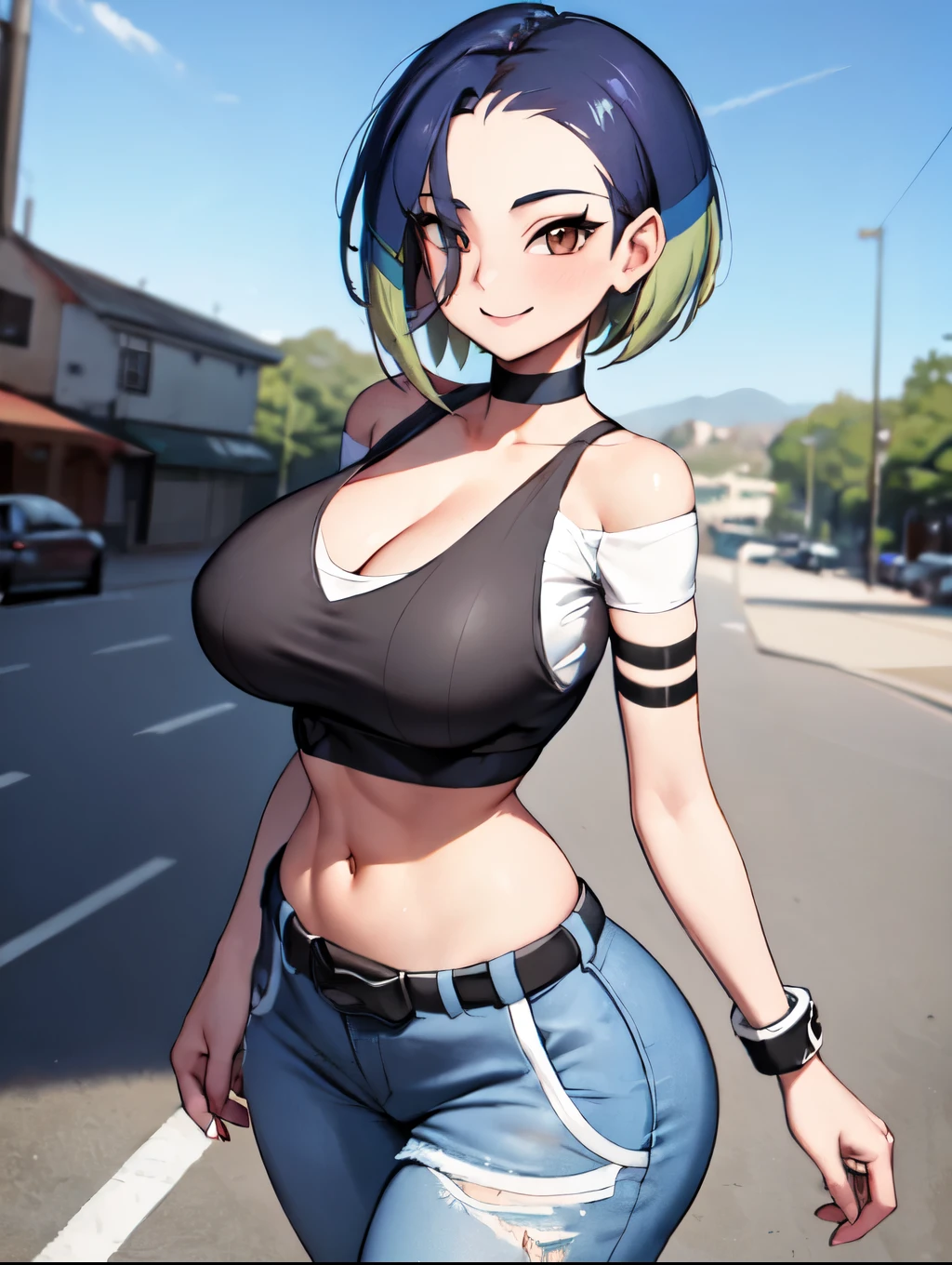 (masterpiece, best quality:1.2), highres, solo, 1girl, perrin, smile, looking at viewer, walking, crop top, pants, choker, belt, midriff, city street, cowboy shot, large breasts, cleavage, thick thighs, large ass, skindentation