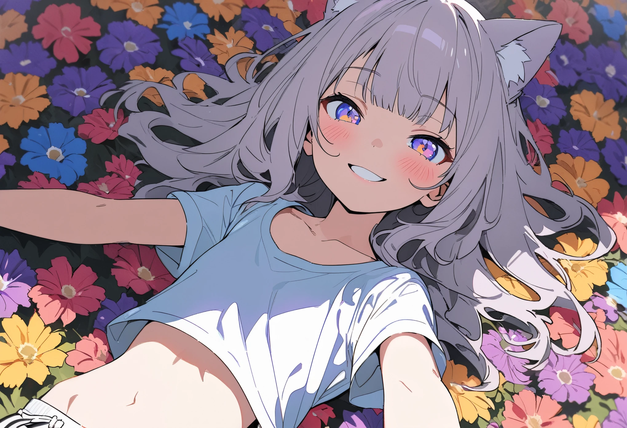 ((Masterpiece)), ((best quality)), (flat color), (flat shading), (super detail:1.2), (High Definition:1.3), ((extremely detailed)), (8K), (Professional Photography:1.2), (very aesthetic:1.2), (absurdres:1.2), (sharp focus), (perfect light), from above, (()), (1girl), cute young girl, Textured skin, loose blunt bangs, (messy medium hair), (naughty smile and blush), glitter eyes, cute makeup, Beautiful collarbone, cute navel, (Healthy body), (Slender body), open arms wide, (small chest), cat ears, pale purple hair, ((Very loose chested T-shirt)), thin T-shirt, wearing dolphin shorts, ((lie down on the Beautiful colorful flower fields)), petals, Beautiful colorful flower fields,