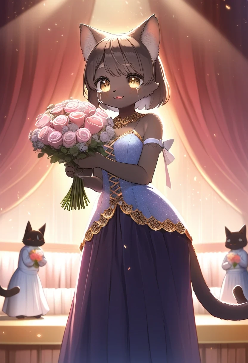 ((Masterpiece)), ((Best Quality)), (Very Detailed), ((Very Detailed)), 4K, (8K), very aesthetic, absurdres highres, 1 girl, (anthropomorphic Black cat, furry, kemono:1.5), On a stage illuminated by a spotlight, a beautiful woman wearing a gorgeous dress is holding a trophy while giving a speech of gratitude while shedding emotional tears. There are soft blue lights in the background and the audience stands up and applauds. The microphone is held in her hand, and you can feel the tension. The glow of the trophy illuminates the entire stage.