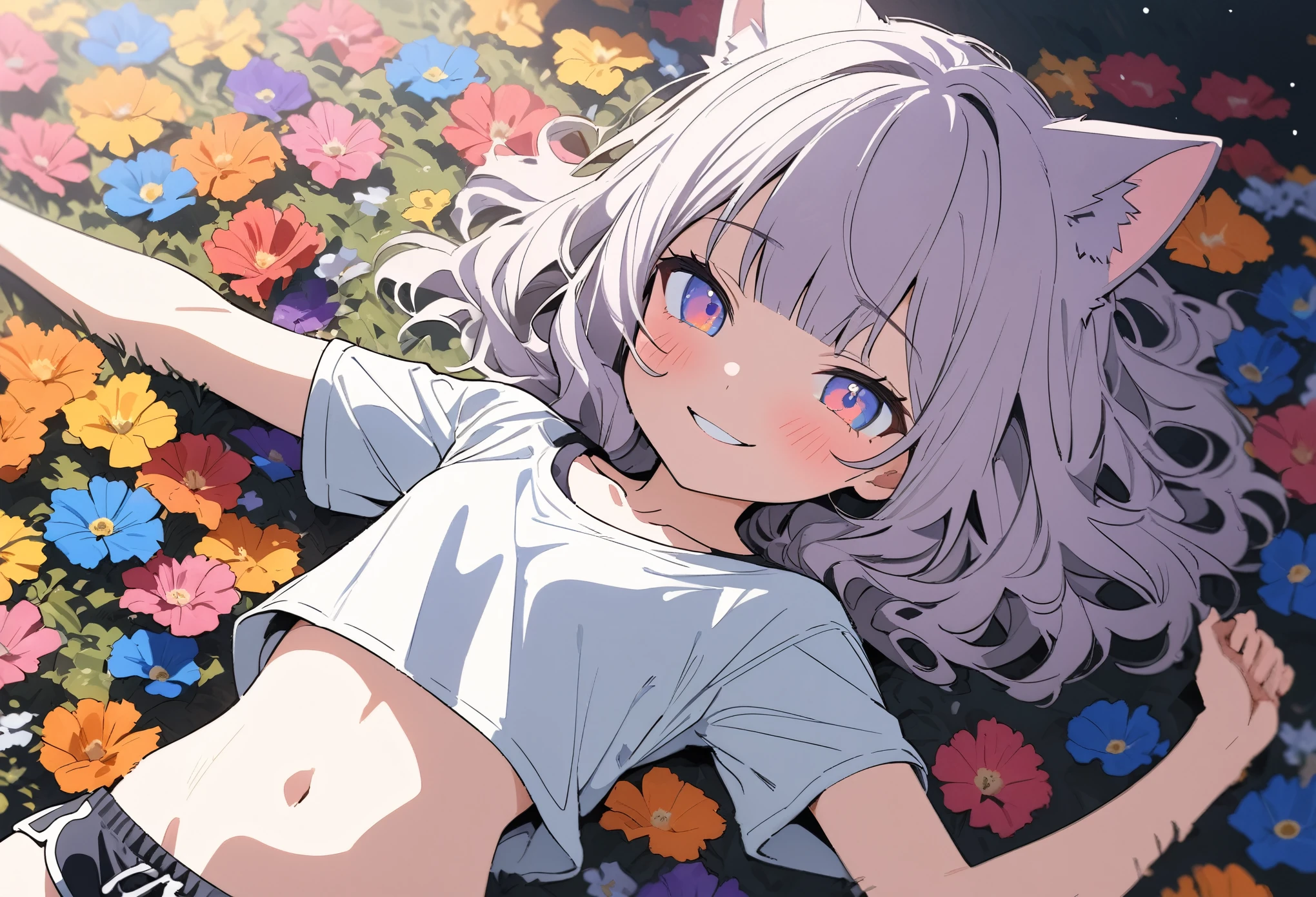 ((Masterpiece)), ((best quality)), (flat color), (flat shading), (super detail:1.2), (High Definition:1.3), ((extremely detailed)), (8K), (Professional Photography:1.2), (very aesthetic:1.2), (absurdres:1.2), (sharp focus), (perfect light), from above, ((12 years old)), (1girl), cute young girl, Textured skin, loose blunt bangs, (messy medium hair), (naughty smile and blush), glitter eyes, cute makeup, Beautiful collarbone, cute navel, (Healthy body), (Slender body), open arms wide, (small chest), cat ears, pale purple hair, ((Very loose chested T-shirt)), thin T-shirt, wearing dolphin shorts, ((lie down on the Beautiful colorful flower fields)), petals, Beautiful colorful flower fields,