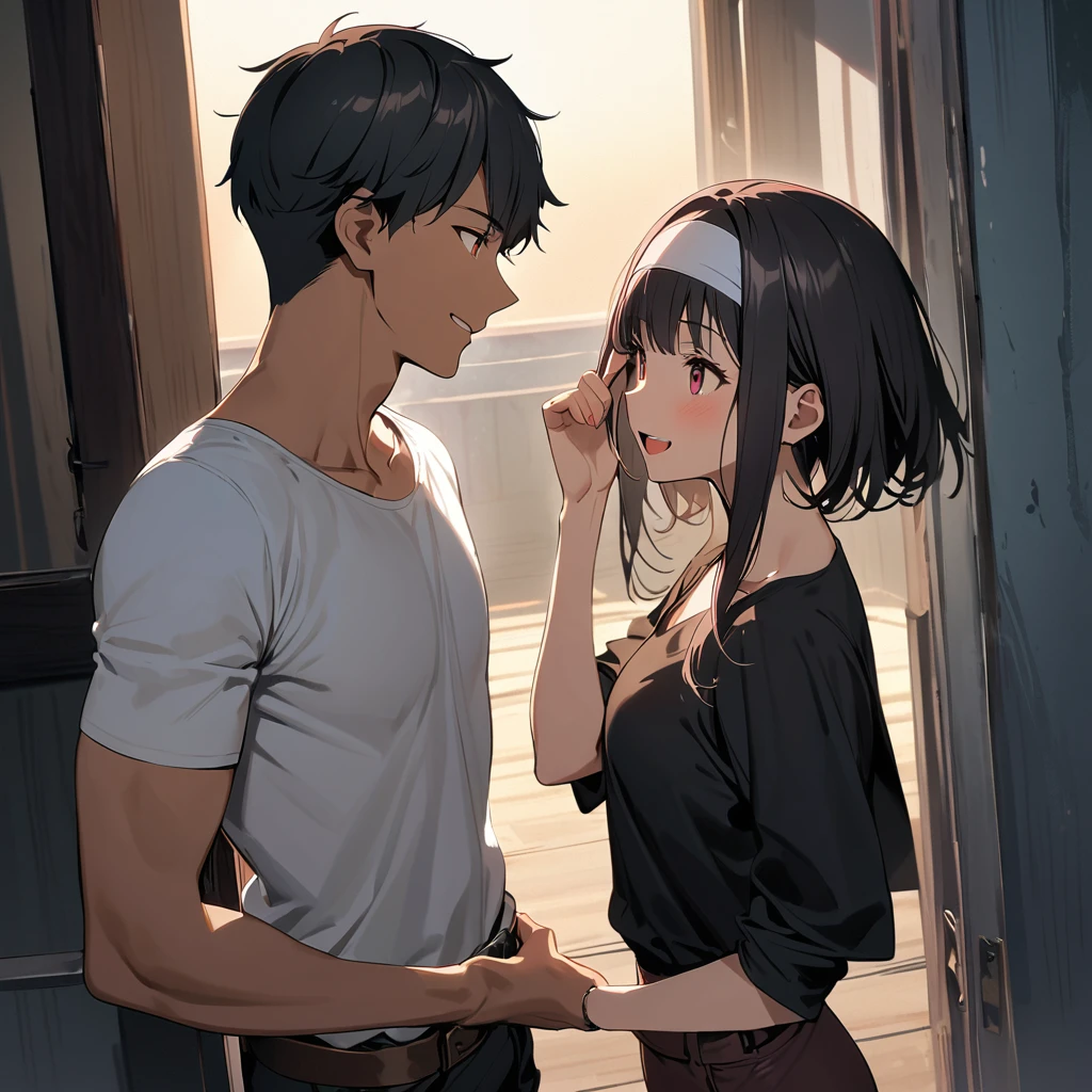 Orochikyo, Dark Skin, Two people, ツーshot, Red eyes, Black jacket, Fingerless gloves, Black Hair, White T-shirt, ((White headband)), Black trousers, White shoes, Brown belt, good looking, shot, Charming, masterpiece, High resolution, Detailed face, Fine Grain, morning, A confident smile, A man and woman laughing with Guam's Fish Eye Marine Park in the background, Men and women with the same hairstyle and clothes, Talking happily。