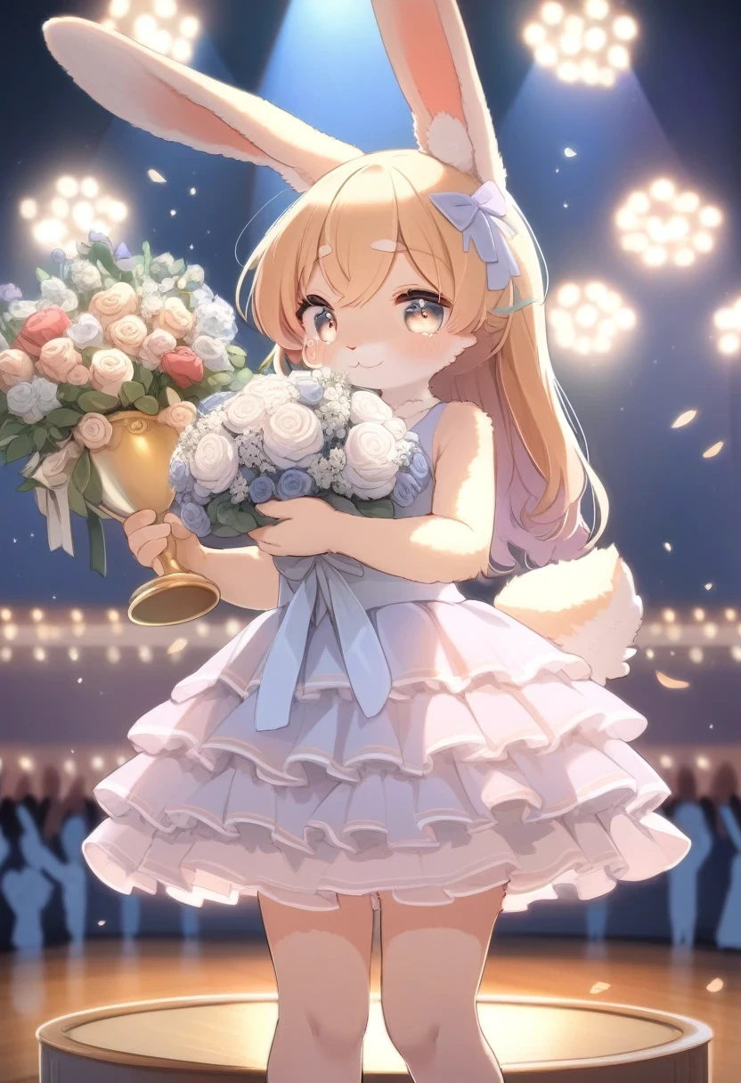 ((Masterpiece)), ((Best Quality)), (Very Detailed), ((Very Detailed)), 4K, (8K), very aesthetic, absurdres highres, 1 girl, (anthropomorphic Black cat, furry, kemono:1.5), On a stage illuminated by a spotlight, a beautiful woman wearing a gorgeous dress is holding a trophy while giving a speech of gratitude while shedding emotional tears. There are soft blue lights in the background and the audience stands up and applauds. The microphone is held in her hand, and you can feel the tension. The glow of the trophy illuminates the entire stage.