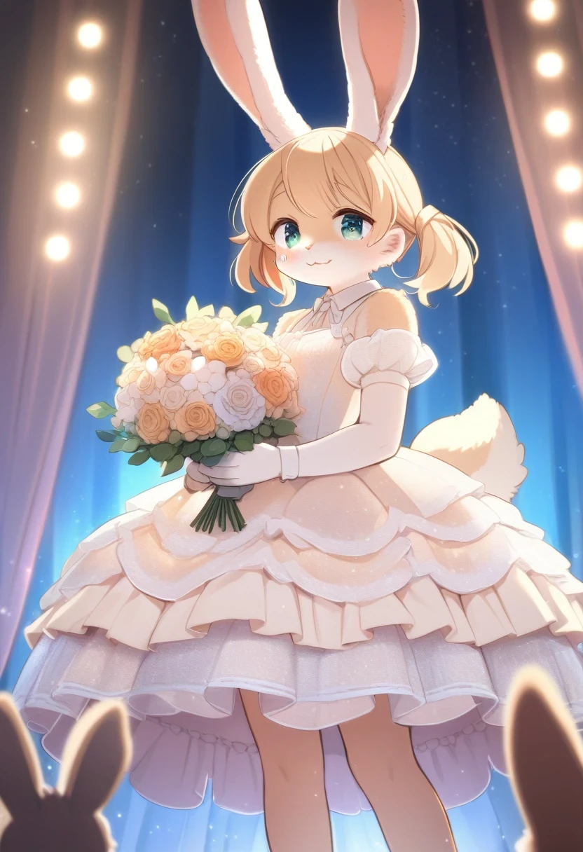 ((Masterpiece)), ((Best Quality)), (Very Detailed), ((Very Detailed)), 4K, (8K), very aesthetic, absurdres highres, 1 girl, (anthropomorphic Black cat, furry, kemono:1.5), On a stage illuminated by a spotlight, a beautiful woman wearing a gorgeous dress is holding a trophy while giving a speech of gratitude while shedding emotional tears. There are soft blue lights in the background and the audience stands up and applauds. The microphone is held in her hand, and you can feel the tension. The glow of the trophy illuminates the entire stage.