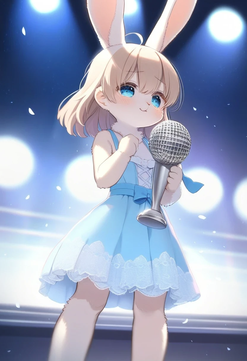 ((Masterpiece)), ((Best Quality)), (Very Detailed), ((Very Detailed)), 4K, (8K), very aesthetic, absurdres highres, 1 girl, (anthropomorphic Black cat, furry, kemono:1.5), On a stage illuminated by a spotlight, a beautiful woman wearing a gorgeous dress is holding a trophy while giving a speech of gratitude while shedding emotional tears. There are soft blue lights in the background and the audience stands up and applauds. The microphone is held in her hand, and you can feel the tension. The glow of the trophy illuminates the entire stage.