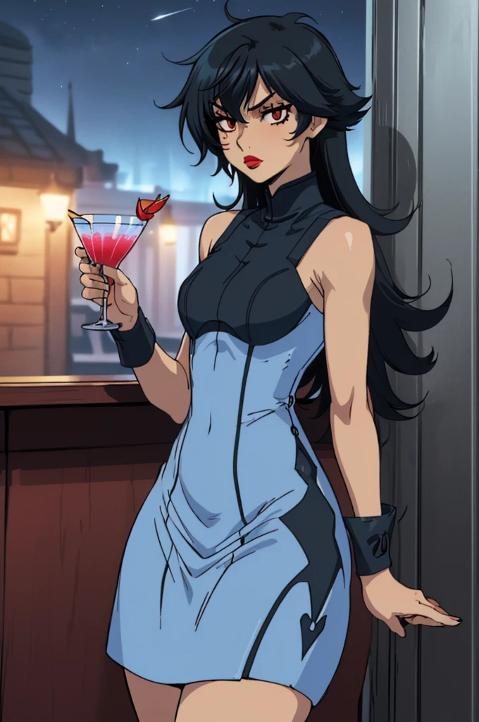 closed mouth, (), ((1girl)), ((((solo))), (((alone))), (((genderbend))), (((female))), wide hips, thick thighs, flat chest, narrow waist, ((blue top)), ((skin tight blue cocktail dress)), cocktail, party, ((anime artstyle)), long eyelashes, ((long black hair)), (((at night))), (red lipstick), (black eyeshadow), (in the dark)