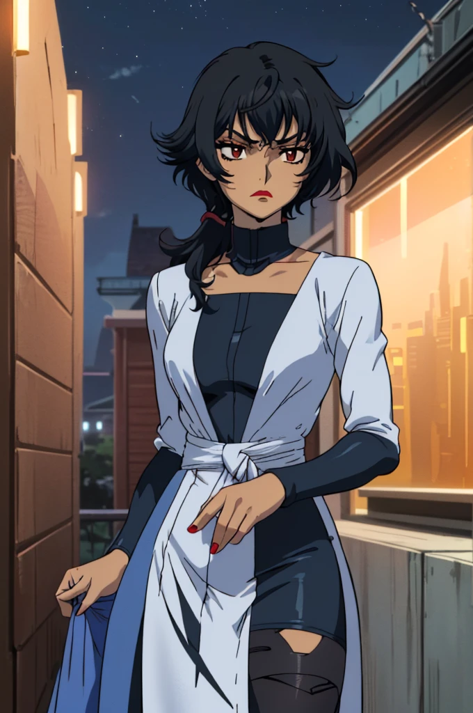 closed mouth, (16 years old), ((1girl)), ((((solo))), (((alone))), (((genderbend))), (((female))), wide hips, thick thighs, flat chest, narrow waist, ((blue top)), ((skin tight blue cocktail dress)), cocktail, party, ((anime artstyle)), long eyelashes, ((long black hair)), (((at night))), (red lipstick), (black eyeshadow), (in the dark)