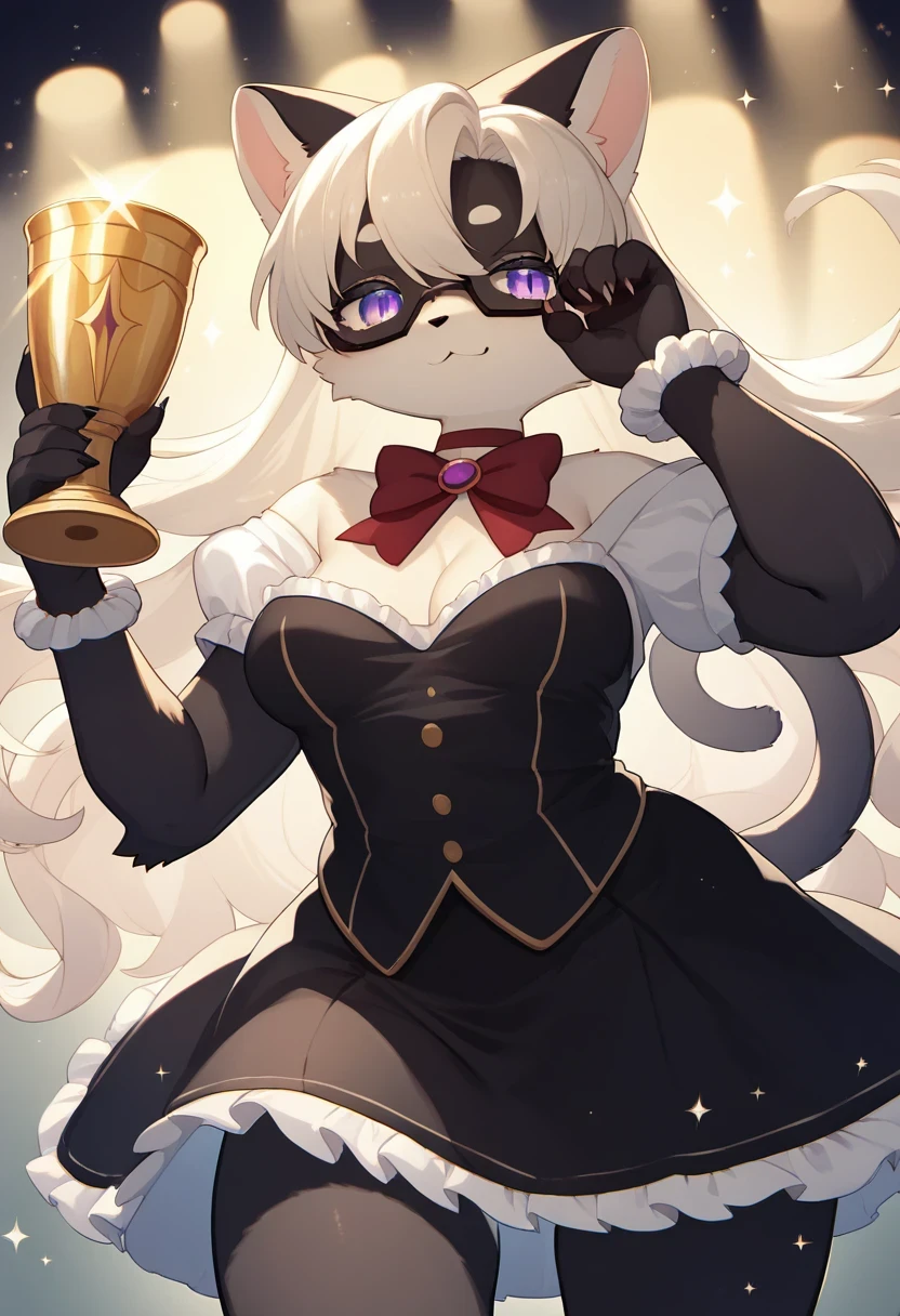 ((Masterpiece)), ((Best Quality)), (Very Detailed), ((Very Detailed)), 4K, (8K), very aesthetic, absurdres highres, 1 girl, (anthropomorphic Black cat, furry, kemono:1.5), On a stage illuminated by a spotlight, a beautiful woman wearing a gorgeous dress is holding a trophy while giving a speech of gratitude while shedding emotional tears. There are soft blue lights in the background and the audience stands up and applauds. The microphone is held in her hand, and you can feel the tension. The glow of the trophy illuminates the entire stage.