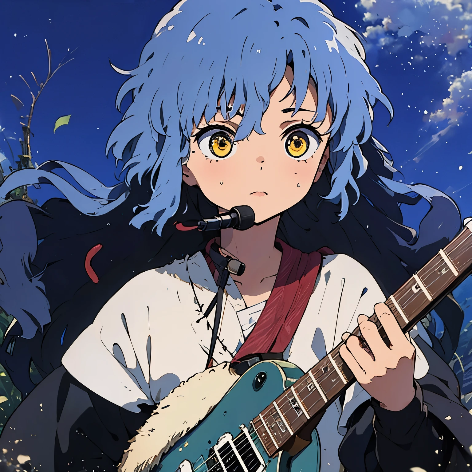 1 girl, blue hair, plays the guitar, yellow eyes, microphone, 5 fingers