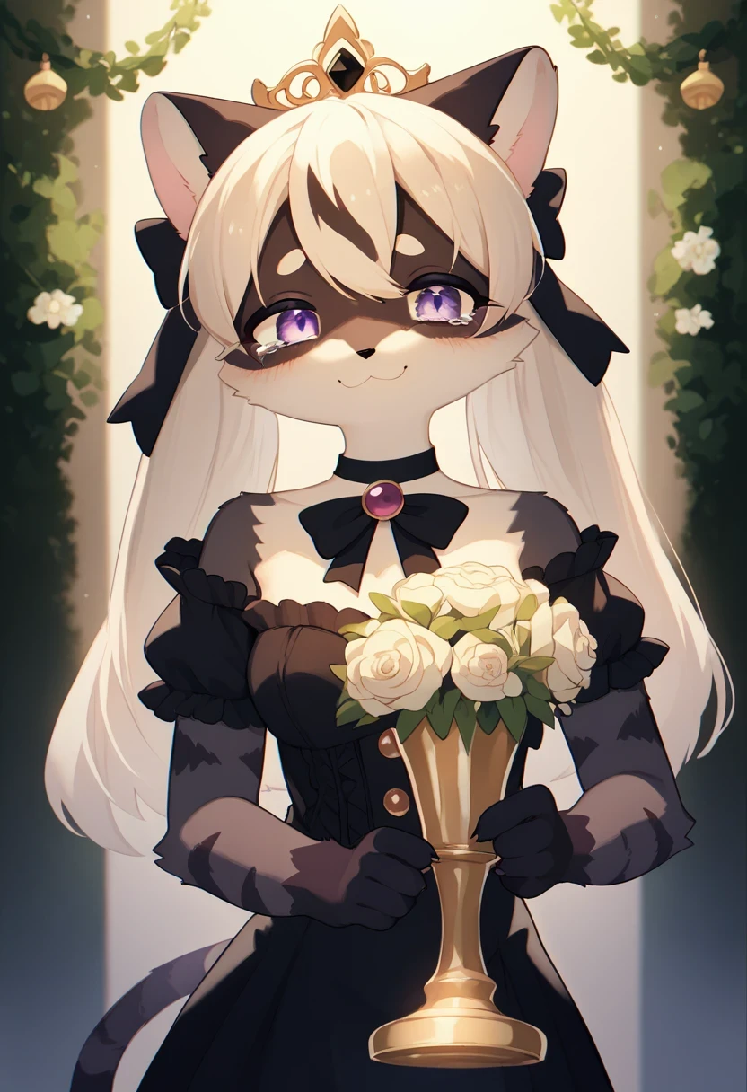 ((Masterpiece)), ((Best Quality)), (Very Detailed), ((Very Detailed)), 4K, (8K), very aesthetic, absurdres highres, 1 girl, (anthropomorphic Black cat, furry, kemono:1.5), On a stage illuminated by a spotlight, a beautiful woman wearing a gorgeous dress is holding a trophy while giving a speech of gratitude while shedding emotional tears. There are soft blue lights in the background and the audience stands up and applauds. The microphone is held in her hand, and you can feel the tension. The glow of the trophy illuminates the entire stage.