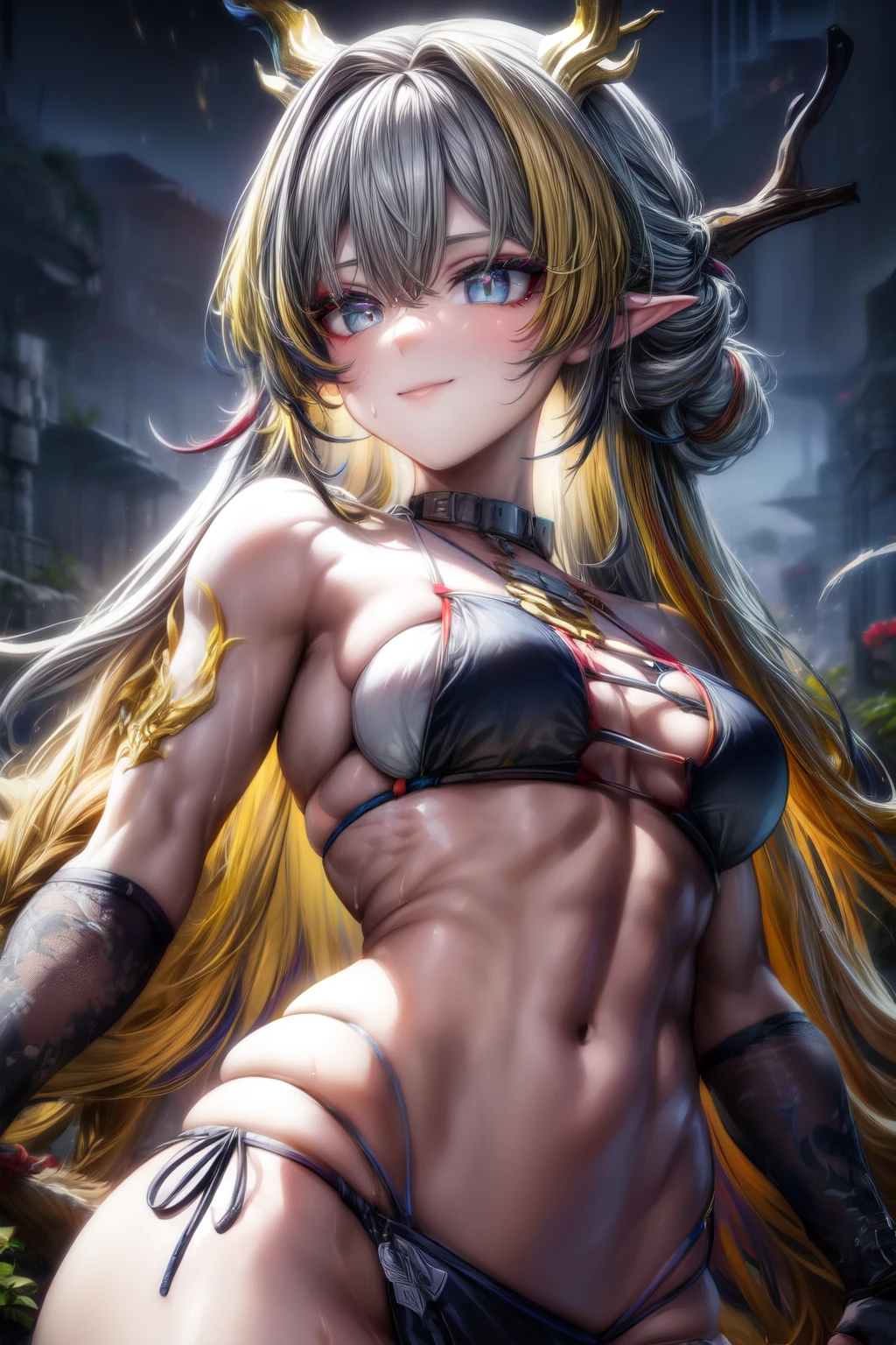 shu, dragon girl, (yellow skin-hands:1.3), (gradient hair-hairstyle:1.4), (gray eyes:1.5), long hair, (small breasts:1.2), (Muscular Female), abs,
BREAK ((bikini:1.6)),
BREAK looking at viewer, sweaty body, ((smirk)), (sweaty:1.3), (from below),
BREAK (masterpiece:1.2), best quality, high resolution, unity 8k wallpaper, (illustration:0.8), (beautiful detailed eyes:1.6), extremely detailed face, perfect lighting, extremely detailed CG, (perfect anatomy),