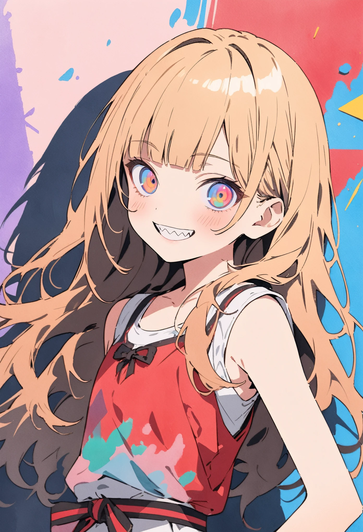 ((Masterpiece)), ((best quality)), (flat color), (flat shading), (super detail:1.2), (High Definition:1.3), ((extremely detailed)), (8K), (Professional Photography:1.2), (very aesthetic:1.2), (absurdres:1.2), (sharp focus), (perfect light), ((12 years old)), cute young Girl, Glossy unruly hair, (loose blunt bangs), blonde hair with red mesh, (red mesh), long hair, big eyes, (long eyelashes), ((jagged teeth)), colorful eyes, (Unfocused eyes), blush, ((dazed smile)), open mouth, ribbon belt, joy, (cute tanktop), barearms, cute, (place hand to hip), (colorful:1.3), gothic makeup, ((against the Colorful pastel wall),),Watercolor style, watercolor pencil, paper texture, high quality,cute,(❤️🖤💗💔),4K,8K,