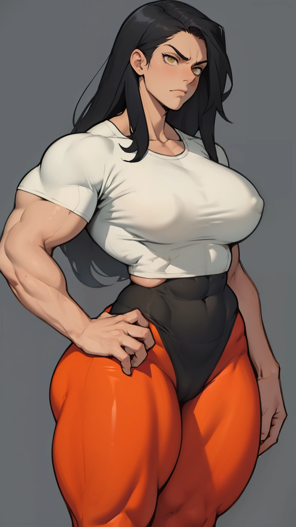 massive breasts huge muscles muscular girl toned body bodybuilder grey background leggings tight shirt black hair yellow eyes pale skin long hair wide hips curvy thick thighs thick thick thick thick tight sad frown expressionless