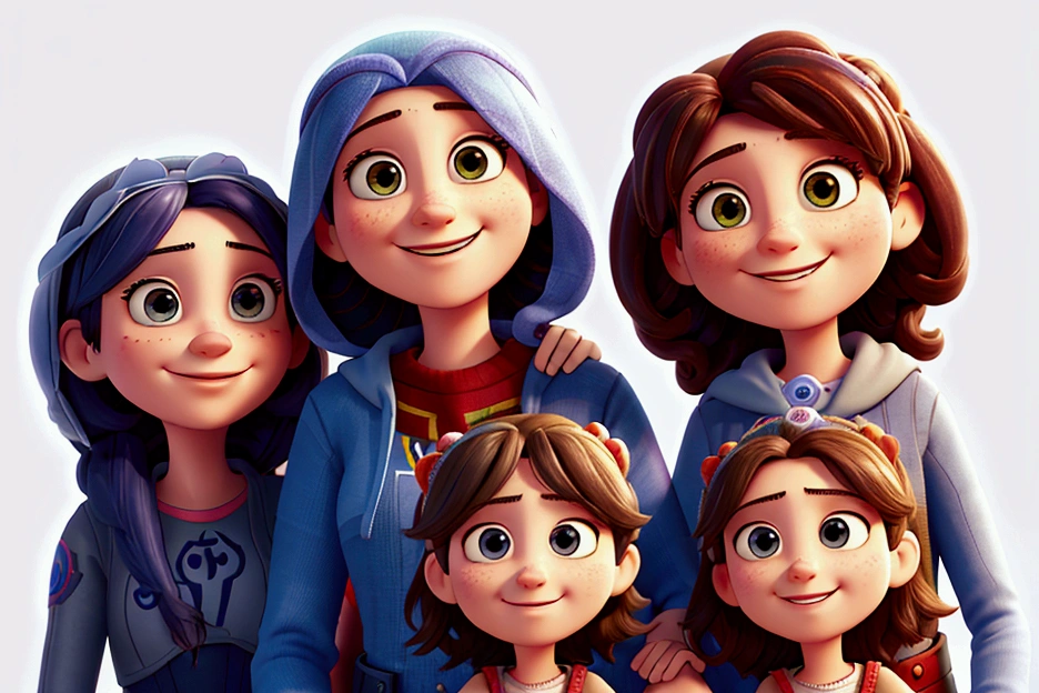A happy family. The mother covered head in front, The father with the girl and a age girl behind. extremely detailed, full colors, saturated, sharp, pixar