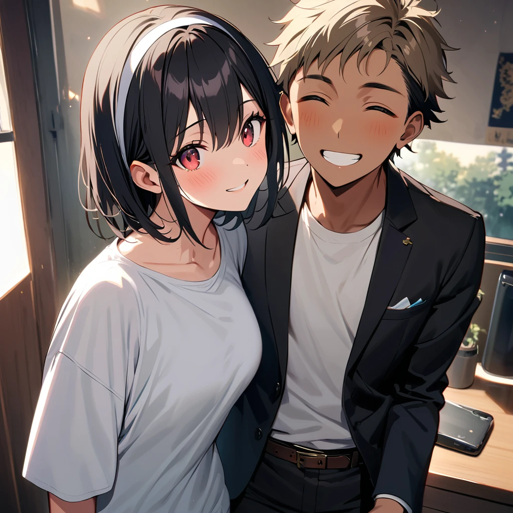 Orochikyo, Dark Skin, Two people, ツーshot, Red eyes, Black jacket, Fingerless gloves, Black Hair, White T-shirt, ((White headband)), Black trousers, White shoes, Brown belt, good looking, shot, Charming, masterpiece, High resolution, Detailed face, Fine Grain, morning, A confident smile, Man and woman laughing with Australia&#39;s Gold Coast in the background, Men and women with the same hairstyle and clothes, peace sign