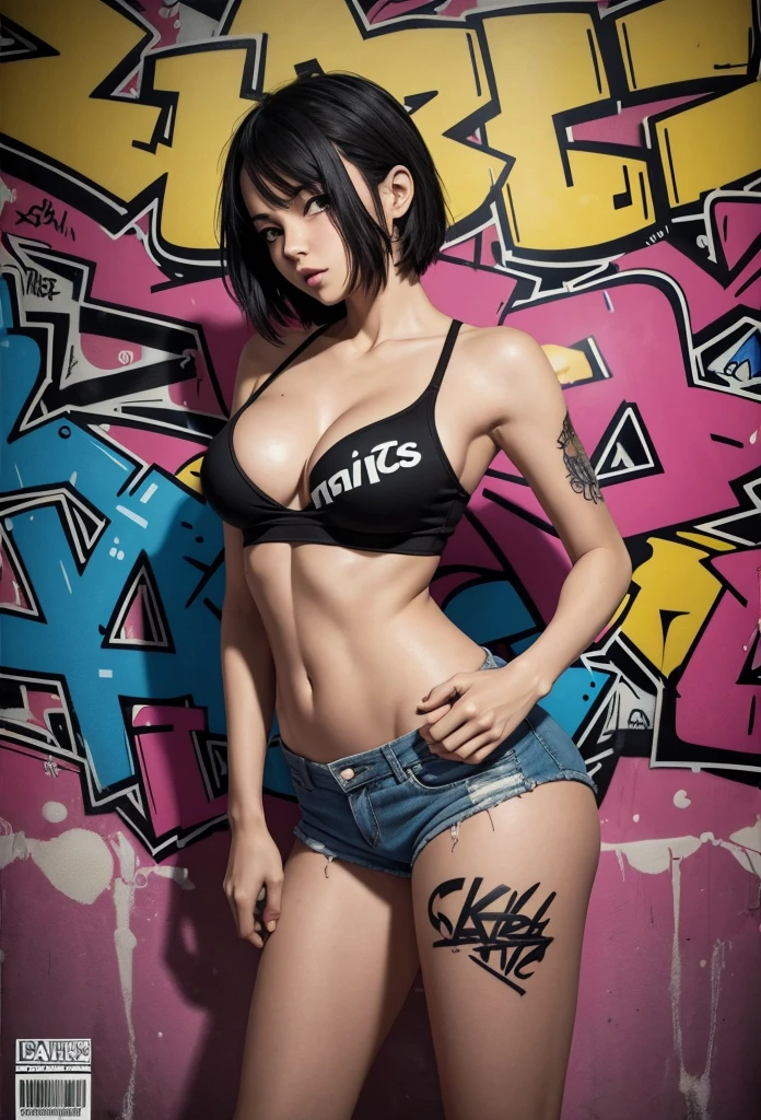 Comic graffiti type canvas painting on sensual hips, very daring short shorts skin completely covered in graffiti comics, very perfect poster image, sharp and detailed