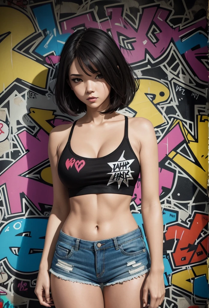 Comic graffiti type canvas painting on sensual hips, very daring short shorts skin completely covered in graffiti comics, very perfect poster image, sharp and detailed