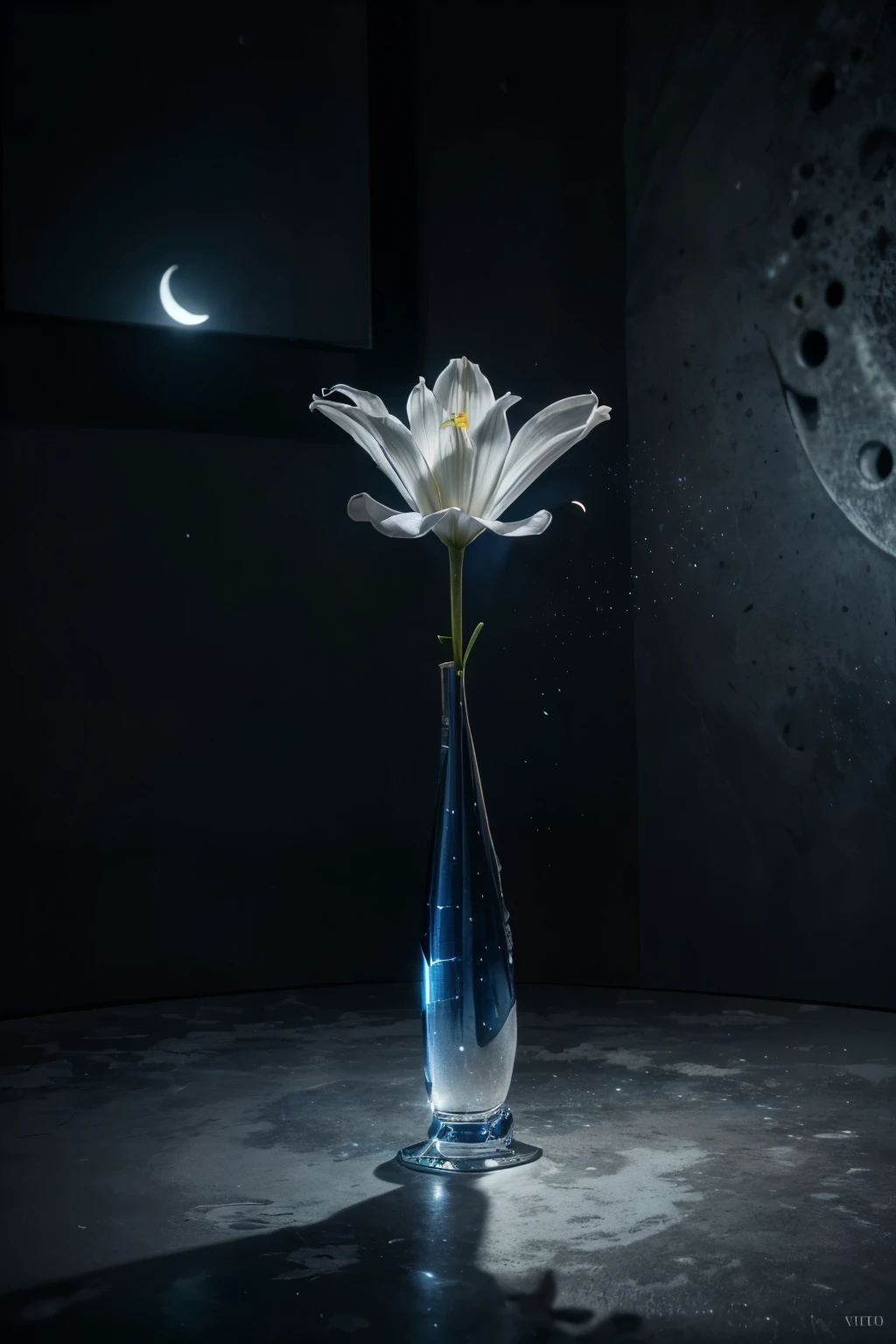 detailed metallic blue,ultra detailed,full body,photography of geometrical abstract,beautiful white lily with moon,photorealistic,professional,masterpiece,studio lighting,8k,sharp focus,physically-based rendering,extreme detail description,vivid colors,dramatic lighting,cinematic,elegant,ethereal,mystical,serene,calming,surreal. --ar 9:16 --s 963 --c 9 --q 2 --v 5