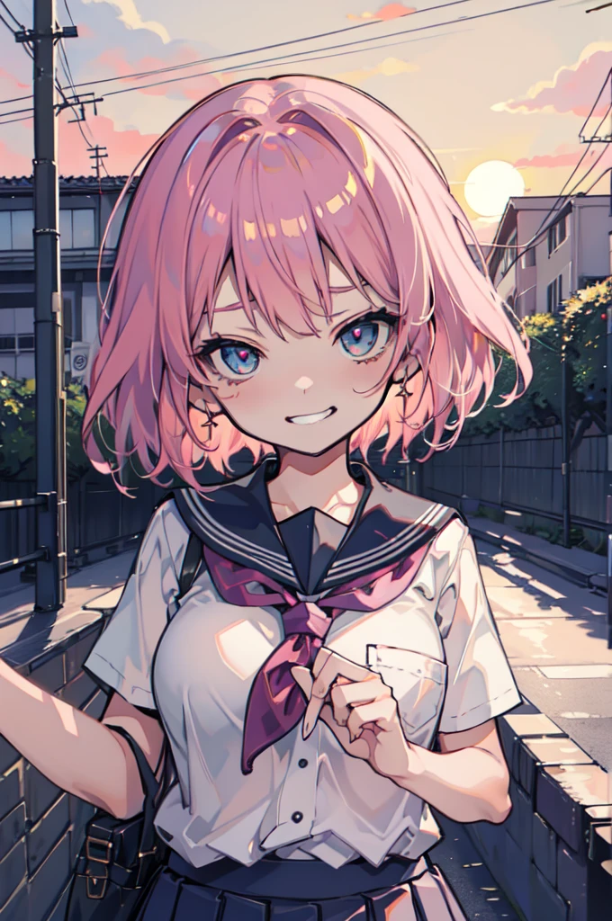 (hentai:1.1), (Ideal:1.1), (perfect:1.1), (flawless:1.1), (highest quality:1.2), (best quality:1.2), (sunset:1.1), 1girl, (kawaii:1.1), (school uniform:1.1), cute girl, (little girl:1.1), (child:1.1), (loli:1.1), (naughty smirk:1.2), detailed body, huge breasts, short hair, highly detailed eyes, highest quality eyes, detailed hands, 4K, highest quality resolution, best quality resolution, best quality upscale, niji