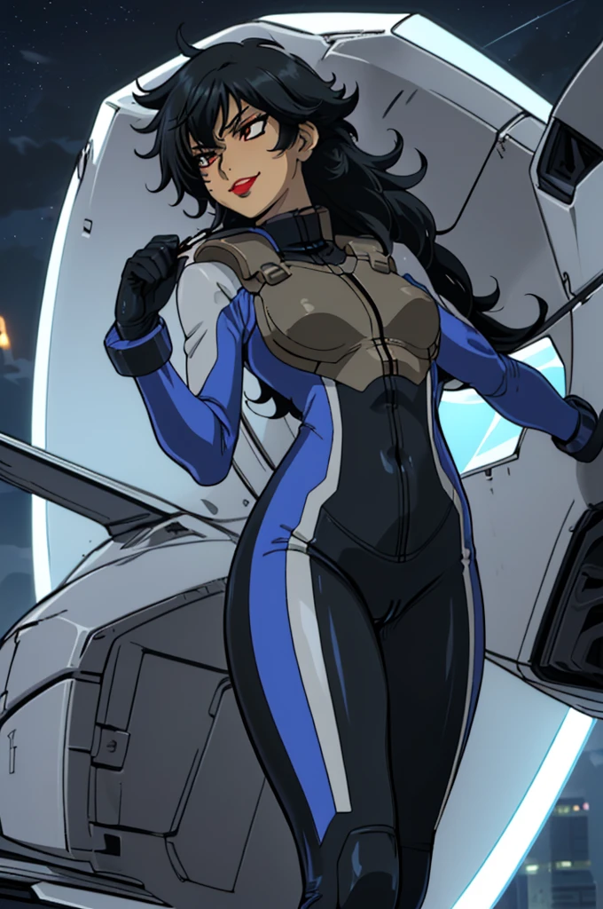 closed mouth, (), ((1girl)), ((((solo))), (((alone))), (((genderbend))), (((female))), wide hips, thick thighs, flat chest , narrow waist, ((porn movie)), ((sexy skin tight latex blue celestial being pilot suit)), ((anime artstyle)), long eyelashes, ((((long black hair)))), ((prostitute)), (((at night))), (red lipstick), (black eyeshadow), (in the dark), smiling.